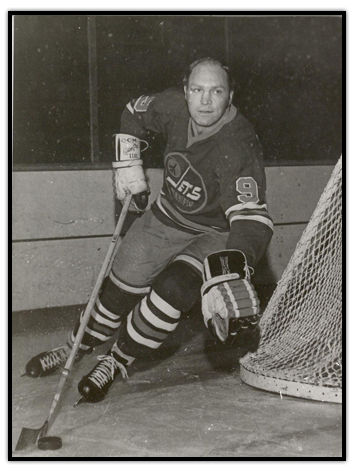 Bobby Hull skating behind the net with the puck