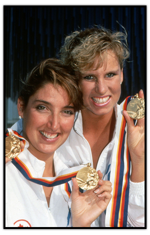 Carolyn Waldo and Michelle Cameron with their Olympic Gold medals