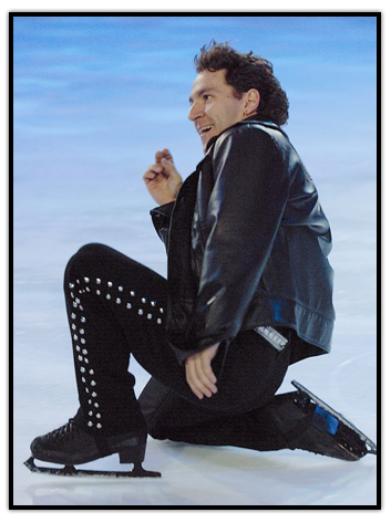 Elvis Stojko performs with a knee on the ice