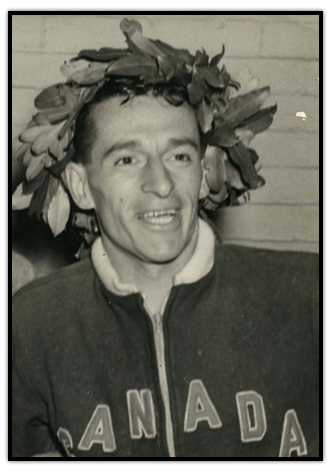 Gérard Côté wearing his Canada jacket and a laurel leaf crown on his head