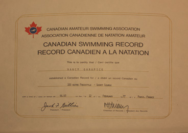 Nancy Garapick’s recognition for Canadian record.