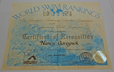 Nancy Garapick’s international swimming placement.